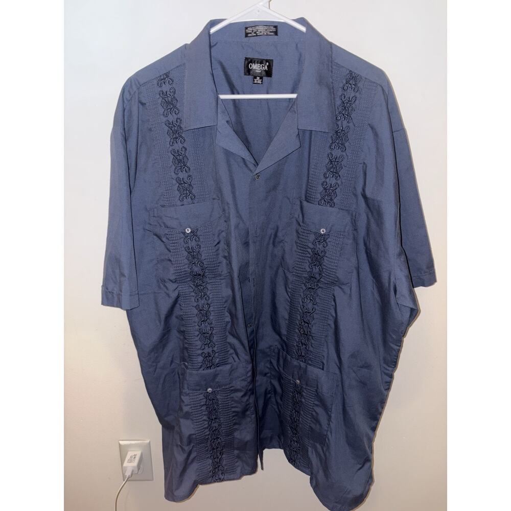 Omega Fashion Guayabera Shirt Mens 3XL Blue Embroidered Short Sleeve Button Up